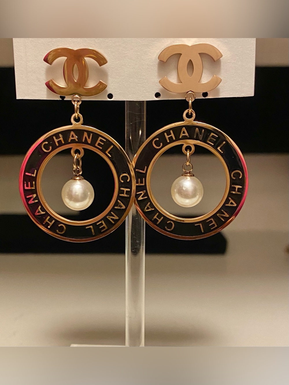Fashion Jewelry 14K Gold Plated /Black Drop Earrings Logo C-C White Pearl